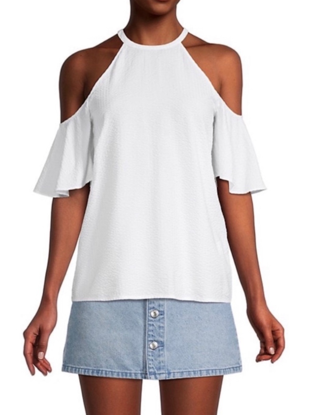 Michael Kors White Seer-Sucker Cold-Shoulder Top Size Large